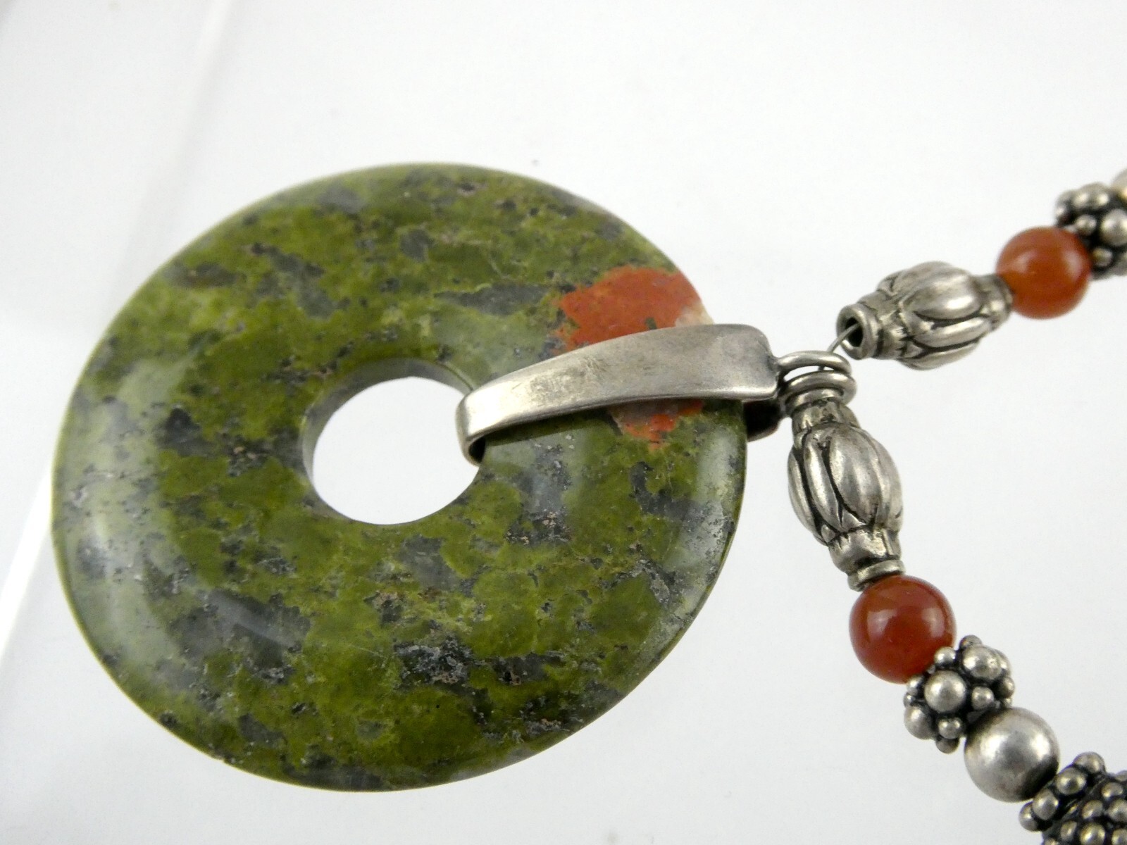 Sterling Silver Unakite Carnelian Double Strand Pendant Necklace 925 44.5g 15 In