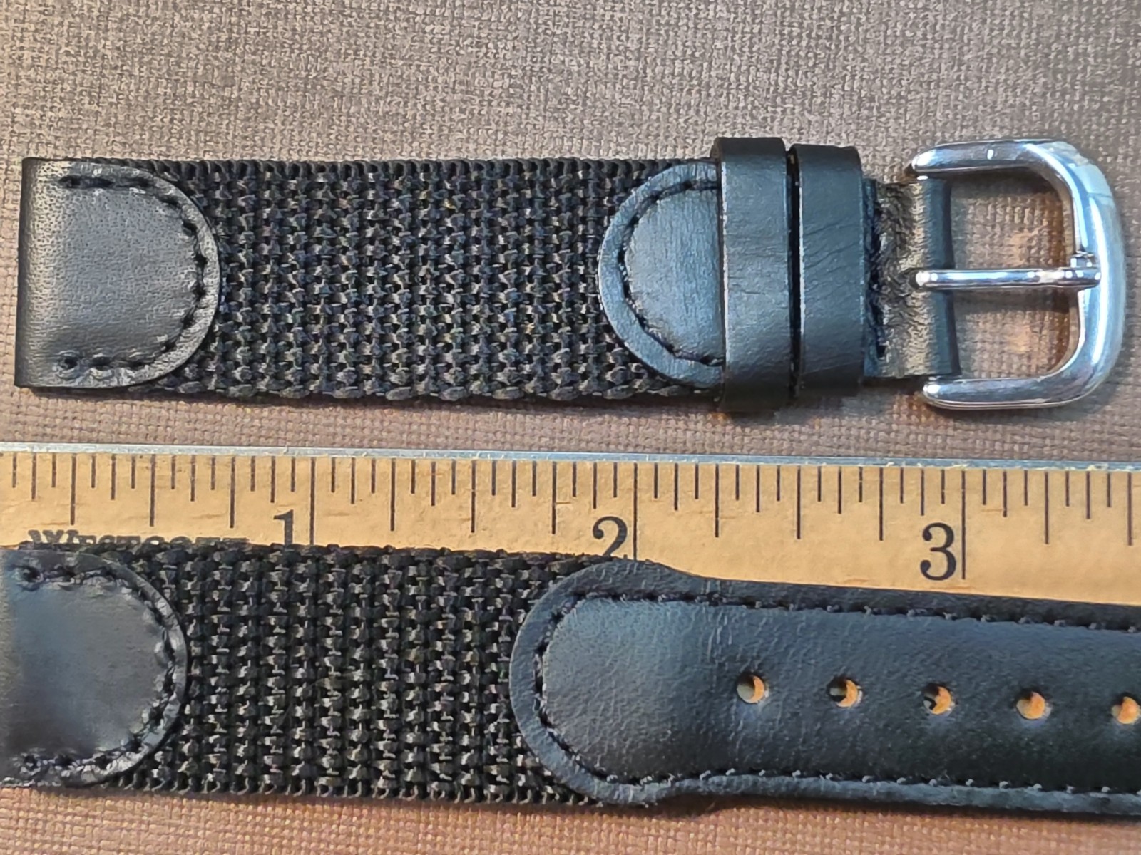 Vintage NOS Swiss Army Style 18mm Black Stitched Leather & Nylon Watch Band