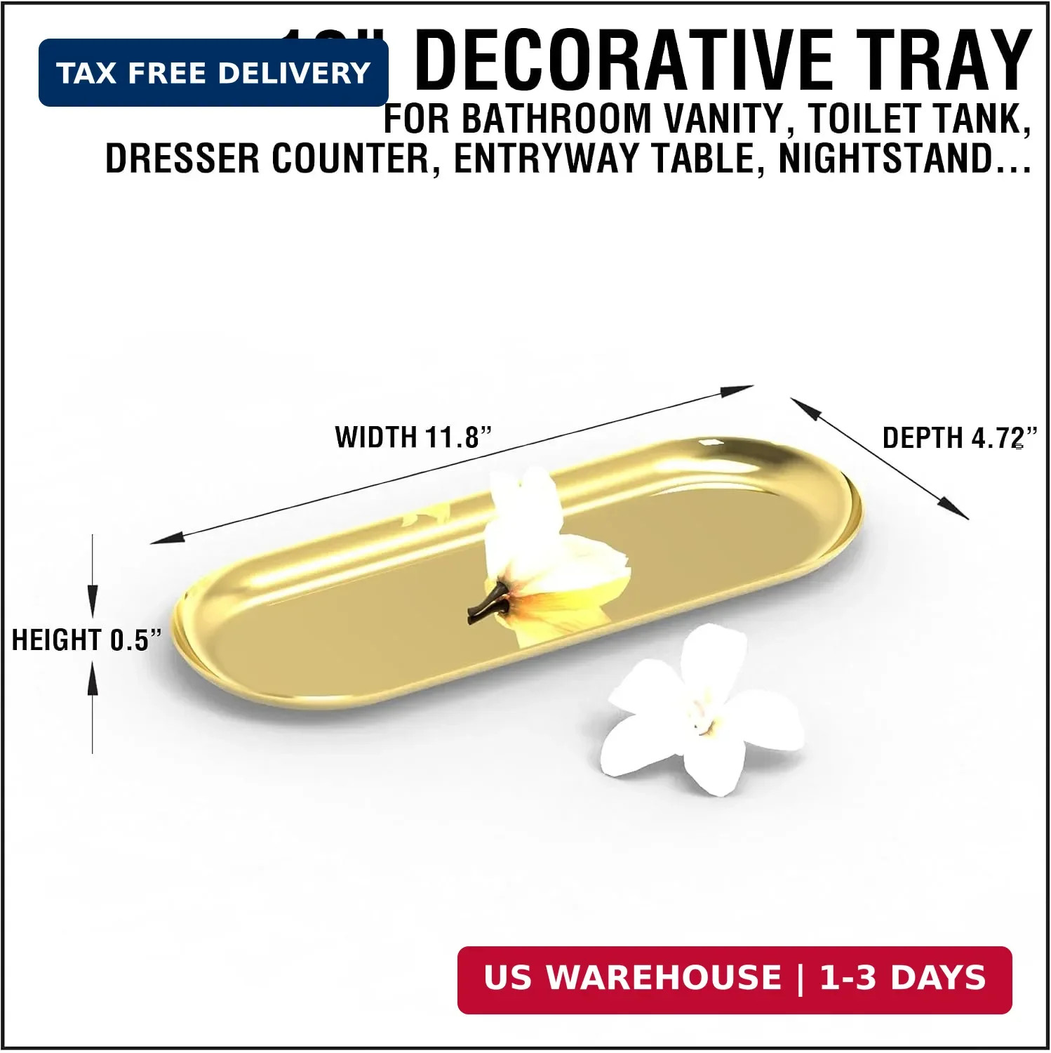 2 Pack Golden Bathroom Sink Vanity Decorative Tray, 12in Oval Trinket Storage fo