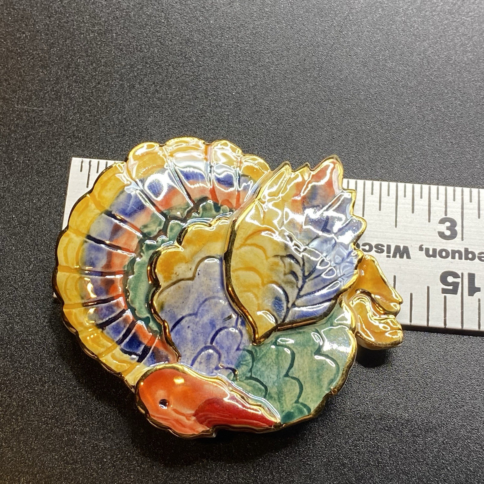 Large Handmade Thanksgiving Enamel Ceramic Turkey Brooch