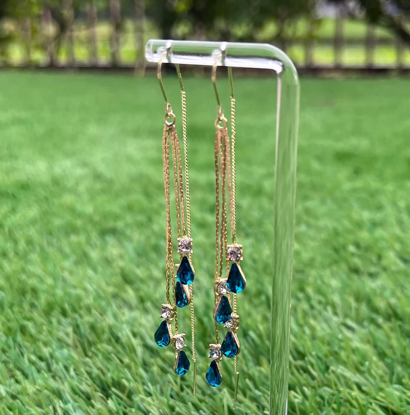 Blue Threader Earrings Long Drop Gold Dangle Crystal Zircon