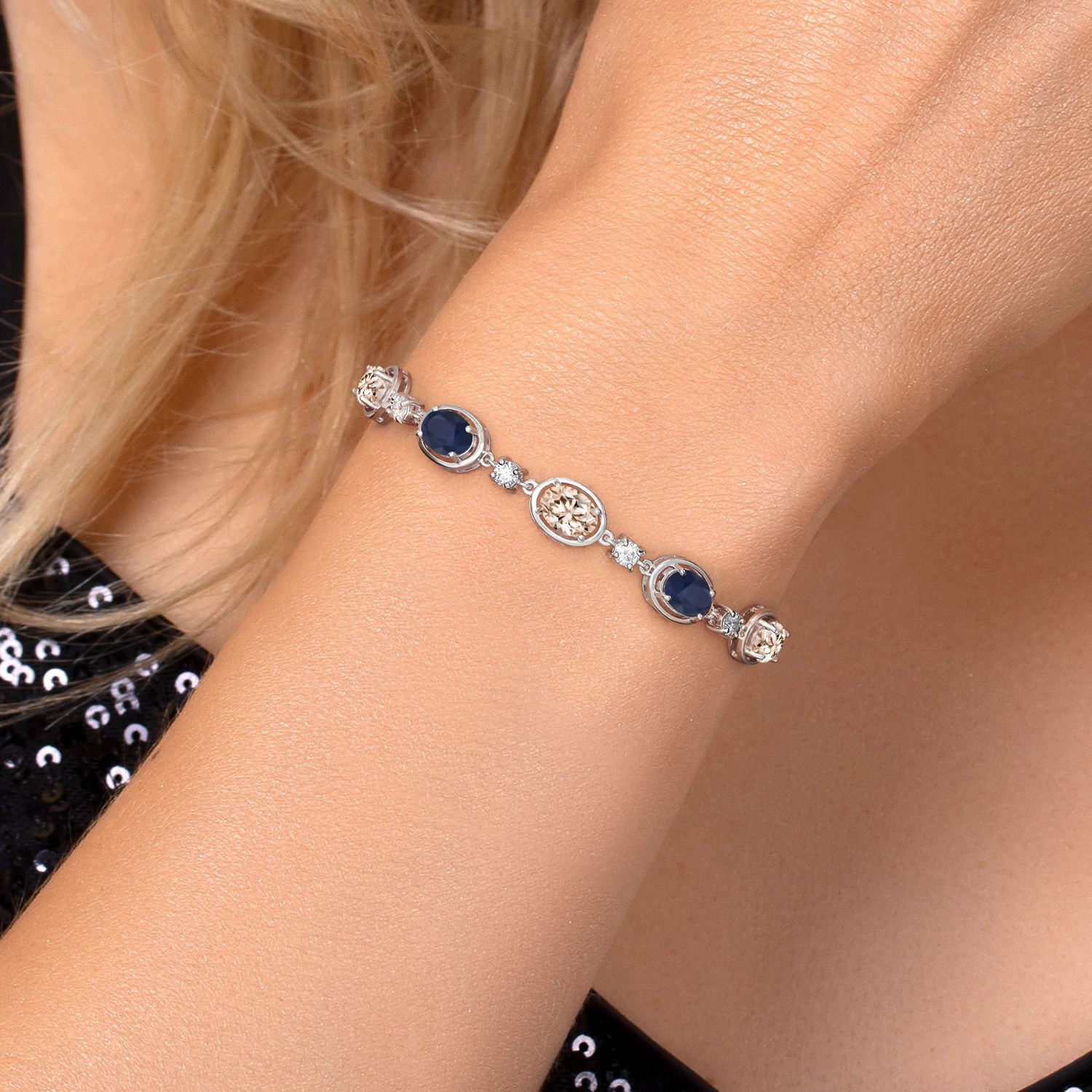 925 Sterling Silver Peach Morganite and Sapphire and Lab Grown Diamond Bracelet