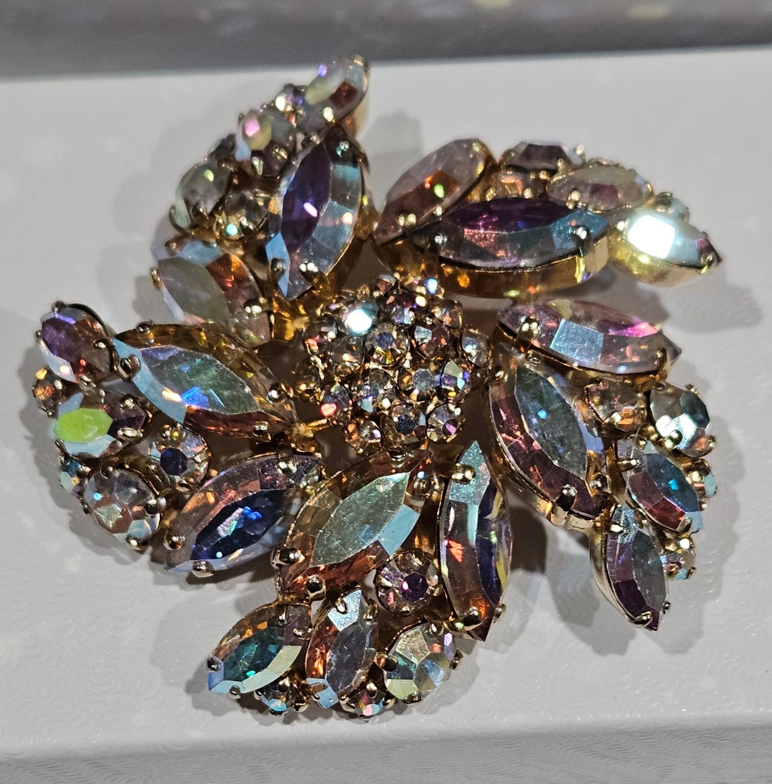 Sherman Aurora Borealis crystal 2″ Brooch signed vintage