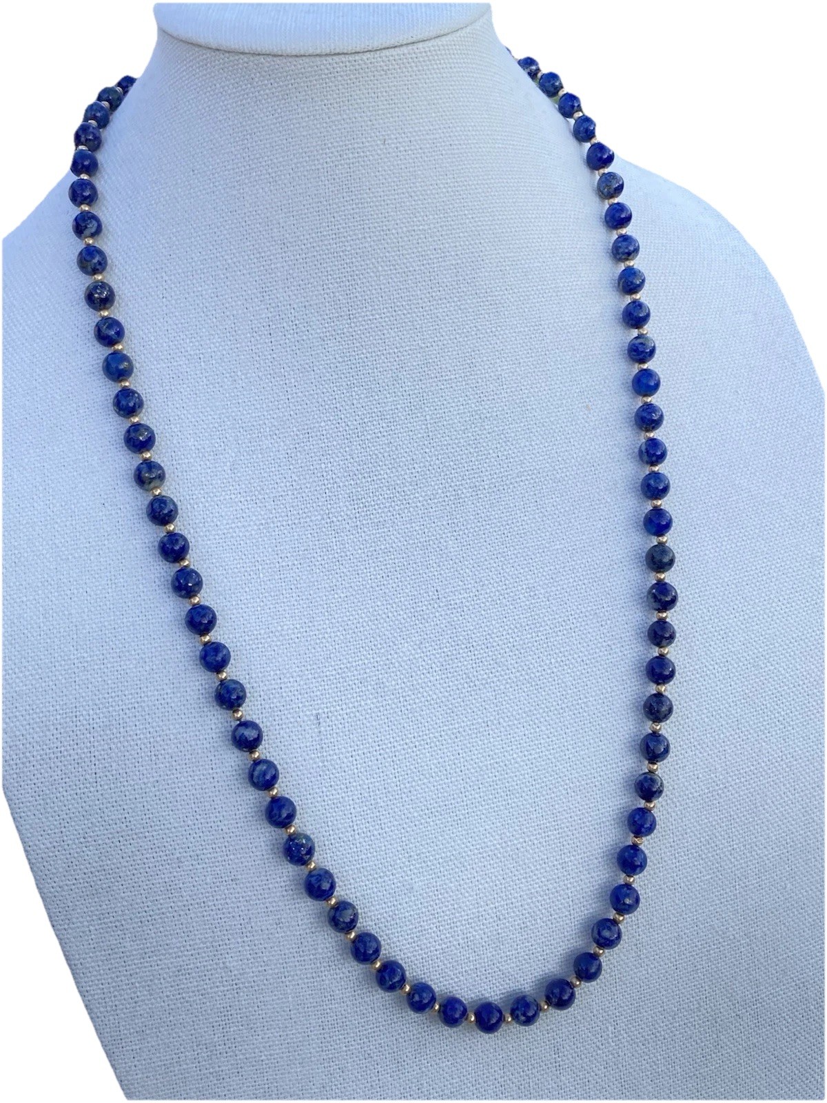Estate Vintage 30” 7mm Blue Lapis Lazuli & 2mm 14K Gold Beaded Necklace, 57.3g