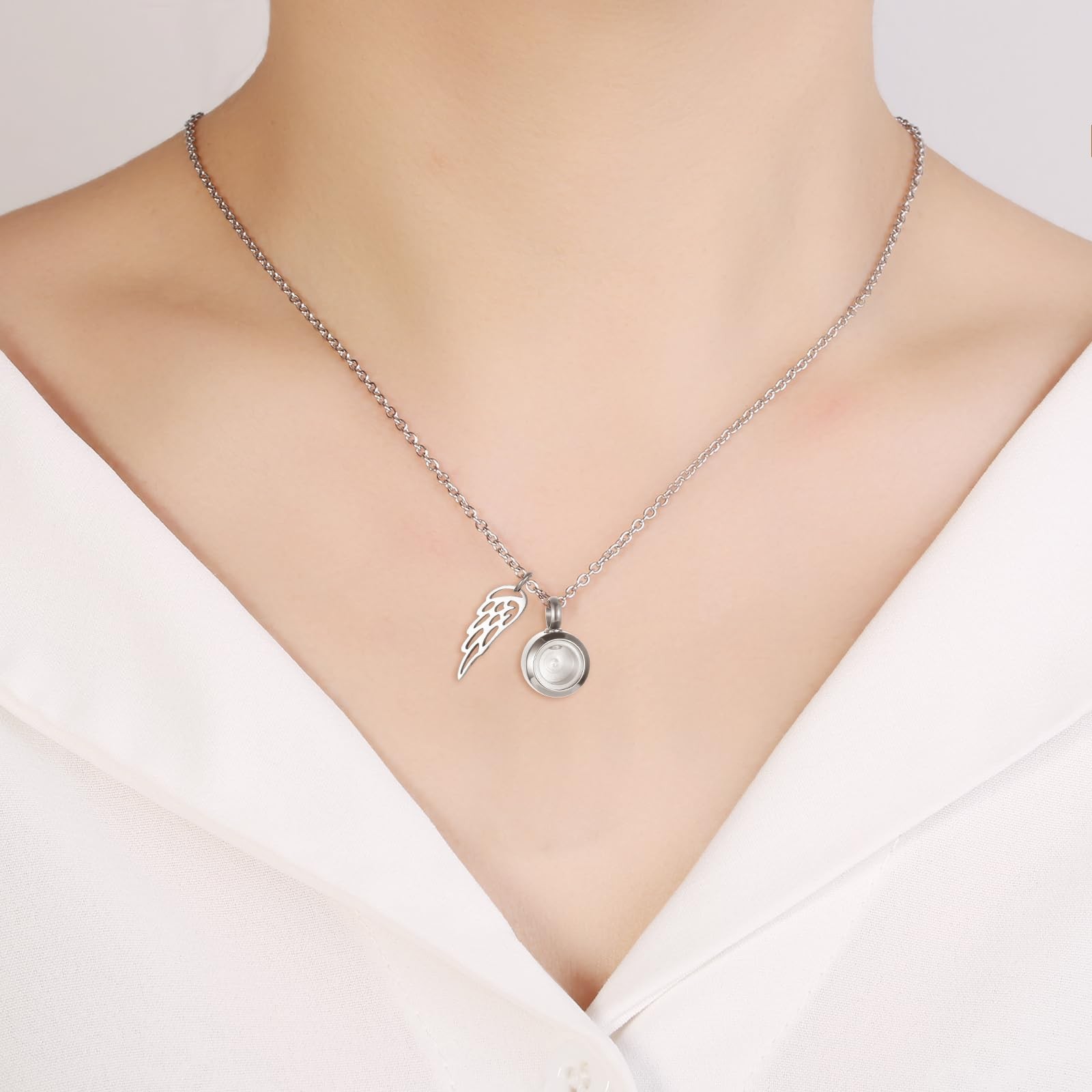 Tiny Glass Round Cremation Urn Necklace For Ashes For Women With Angel Wing S…