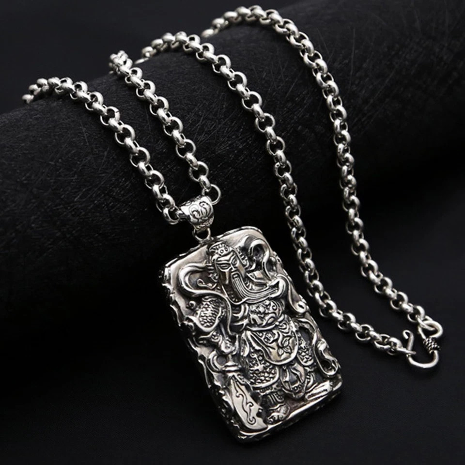 Pure S925 Sterling Silver Men Women Carved Dragon Guangong Oblong Pendant 34-35g