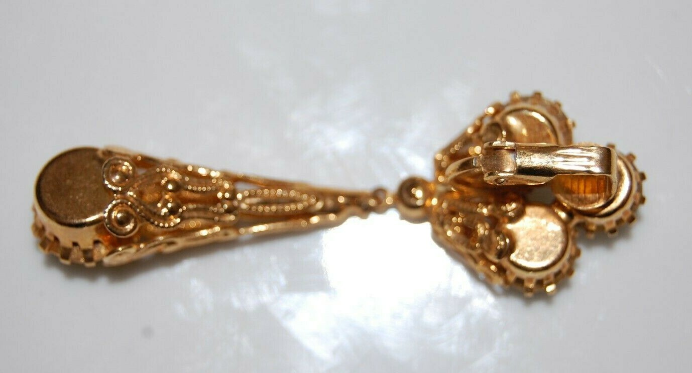 ELEGANT VTG CLEAR CRYSTALS FILIGREE ANTIQUE STYLE DROP DANG GOLDEN CLIP EARRINGS