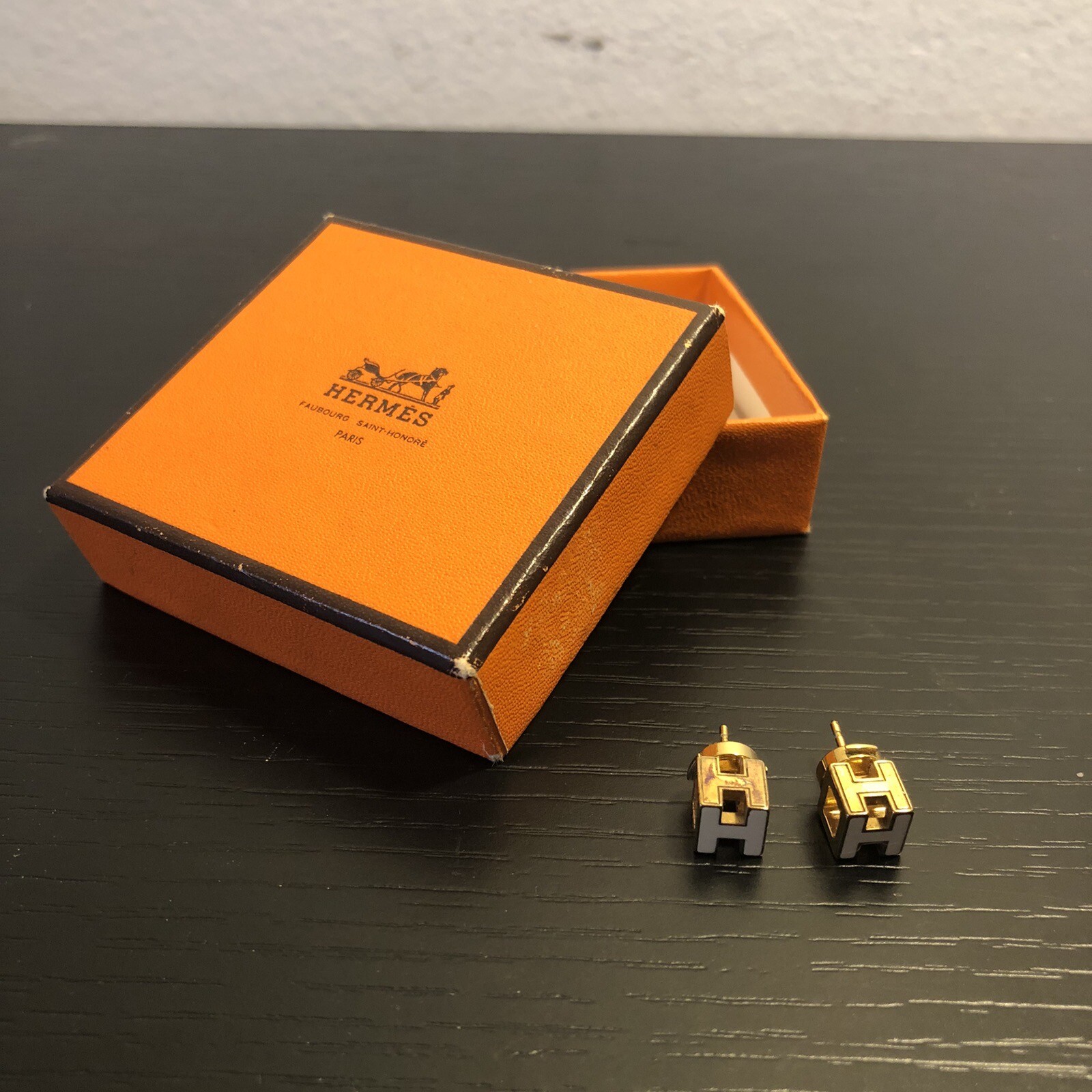 Hermes Stud Square Cube H Logo White Enamel Pierced Post Earrings Gold