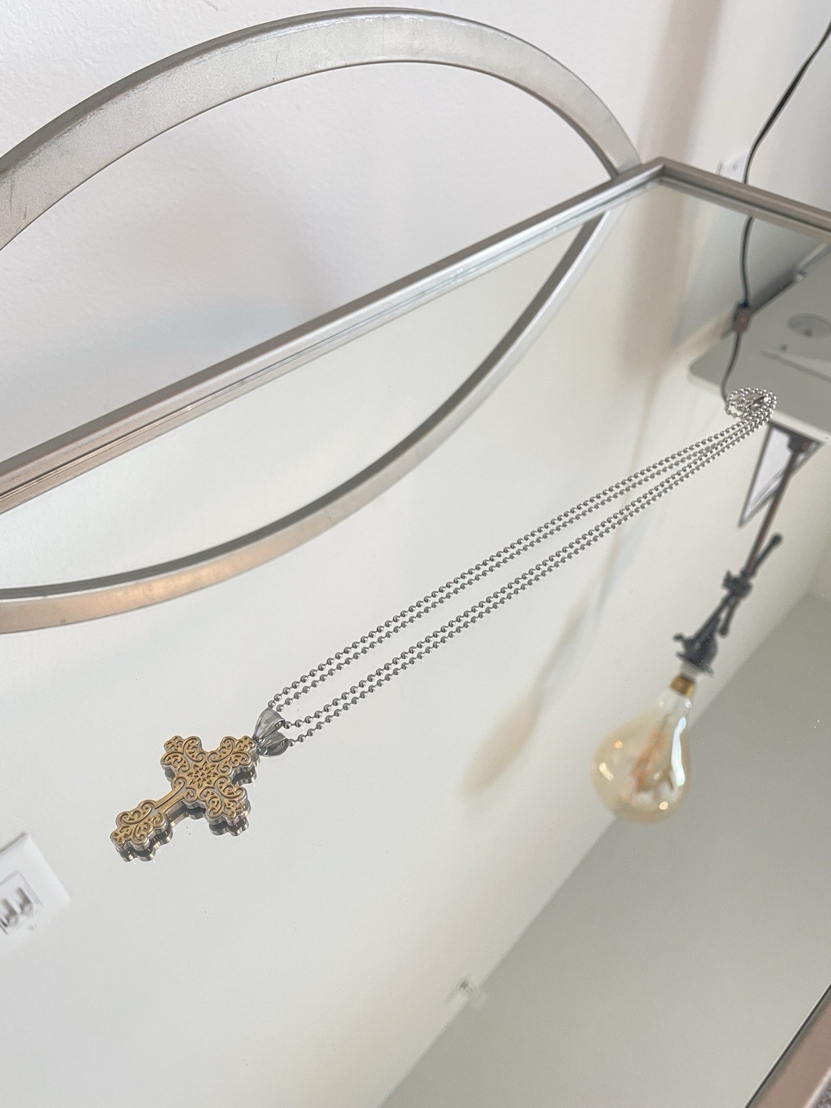 Silver Tone Metal Ball Chain Necklace with Gold Tone Filigree Cross Pendant
