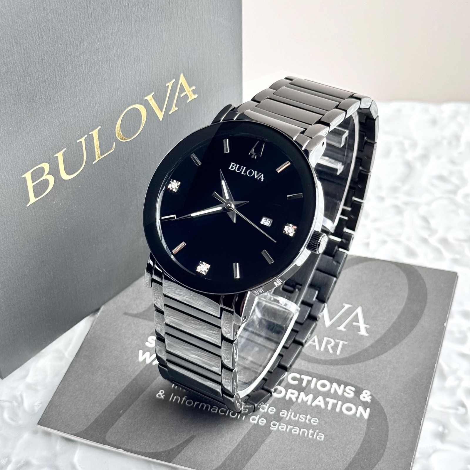 BULOVA Men’s Futuro Modern 98D144 Black Quartz Diamond Calendar Watch 42MM