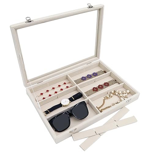 Stratalife Jewelry Organizer Box Beige Velvet 12 Grids 13.78″ Dustproof Tray