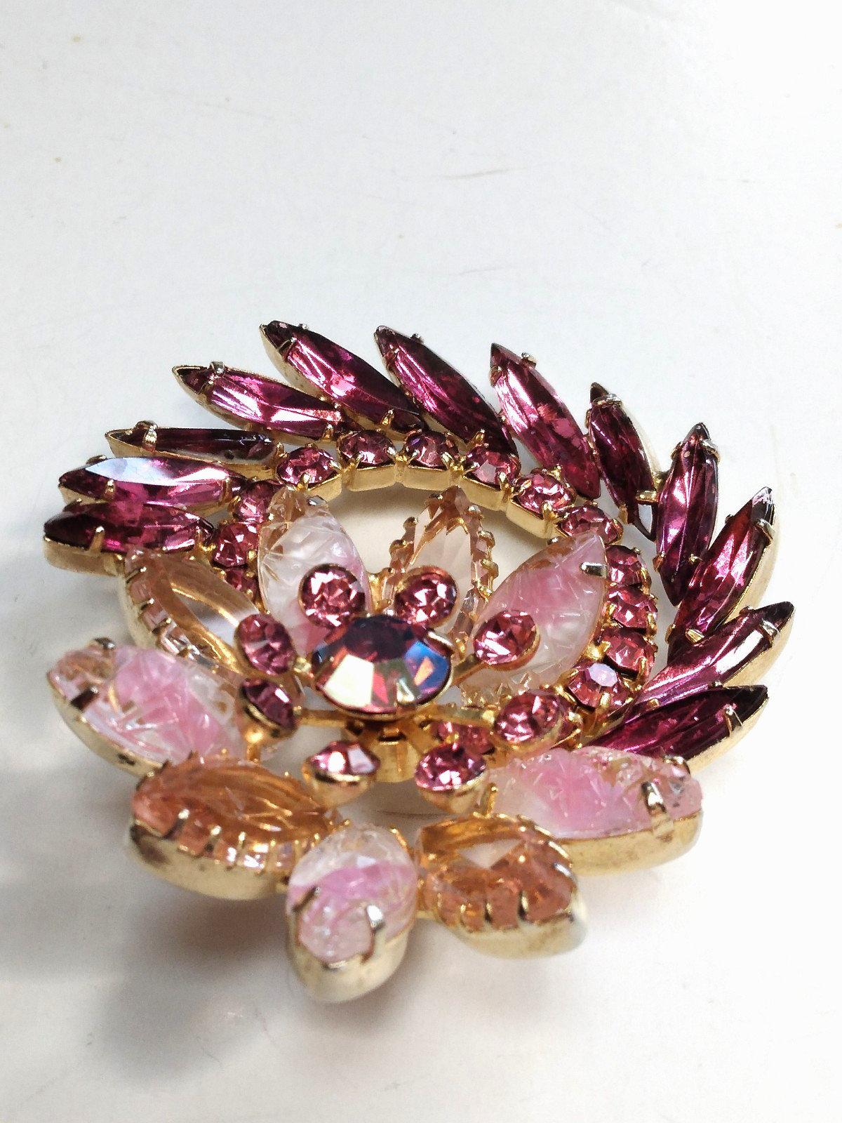 Juliana Pink Brooch Givre Lava Glass Dark Pink Navetts Gold Tone Rivet Prong Set