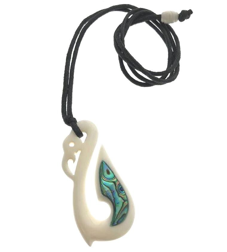 27MM HAND-CARVED MAORI MANAIA WATER BUFFALO BONE PAUA ABALONE FISH HOOK NECKLACE