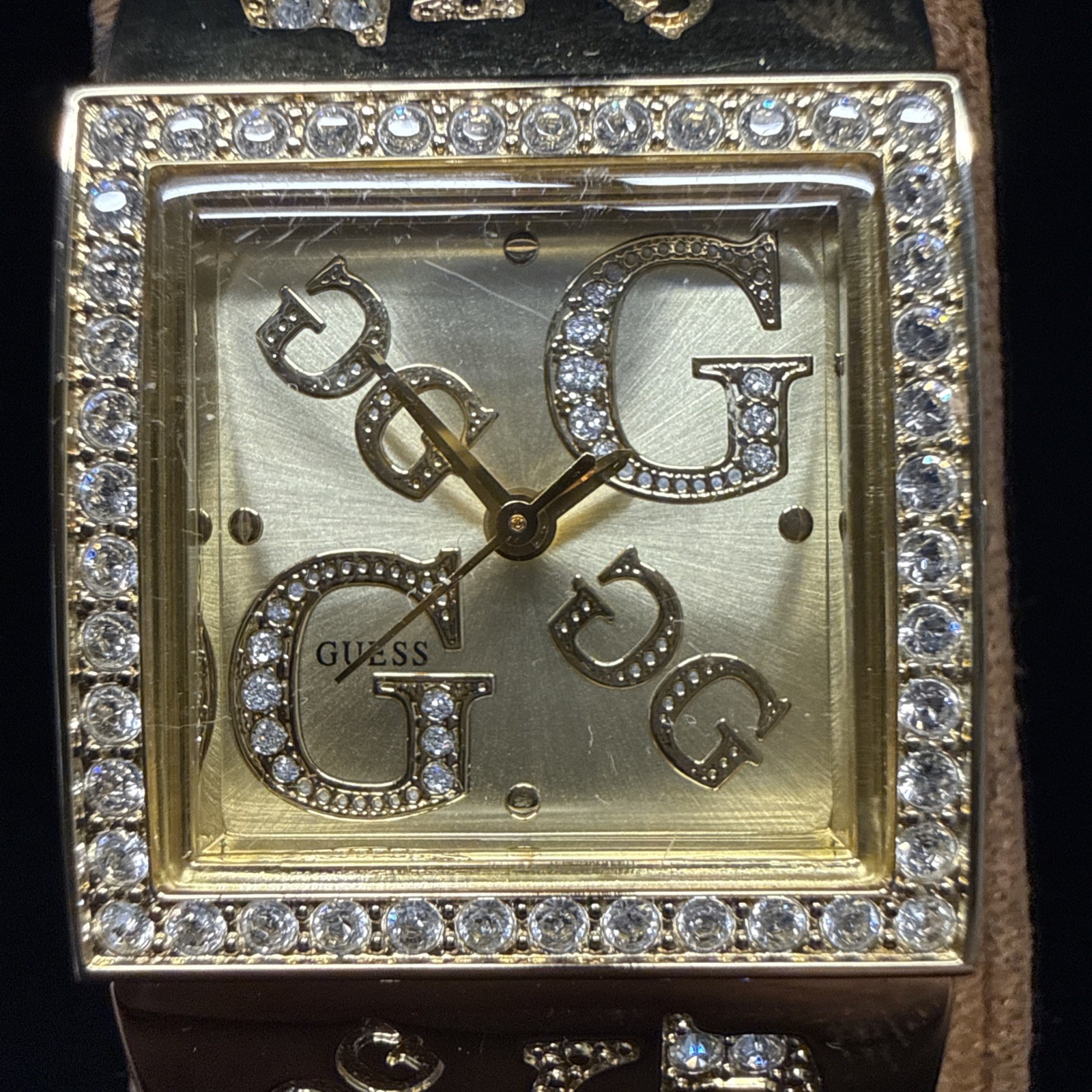Guess Gold Tone And Rhinestone Logo Womens Watch Statement Piece 6.50 Inches 90s