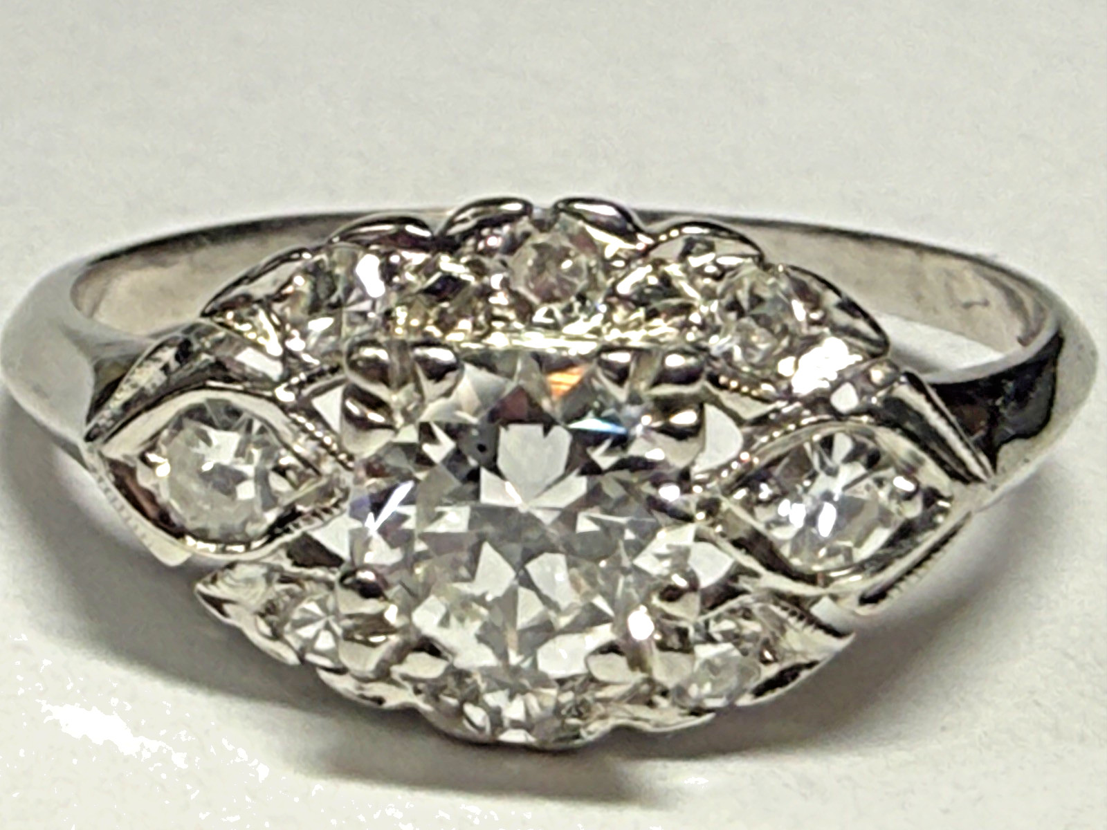 Art Deco w/ Euro Cut Natural Diamond Statement Ring Plat Size 6.5 Dome .80CTW