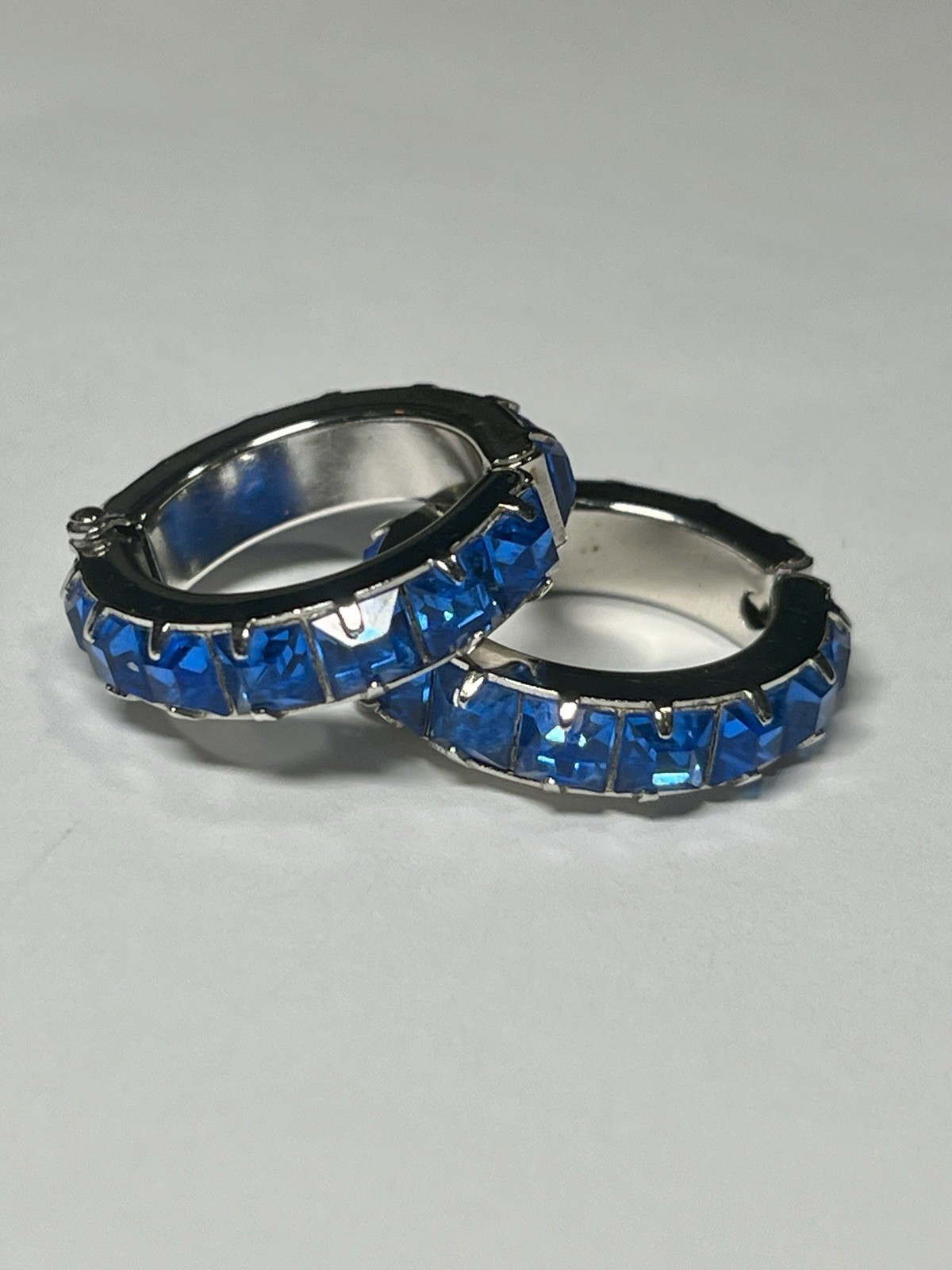 Signed WEISS Sapphire Blue Rhinestone Clip-on Small Hoop Earrings, 1950s