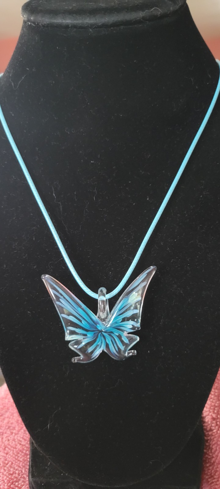 Blue Glass Butterfly Charm Pendant Necklace, Adjustable Cord, Lobster Clasp
