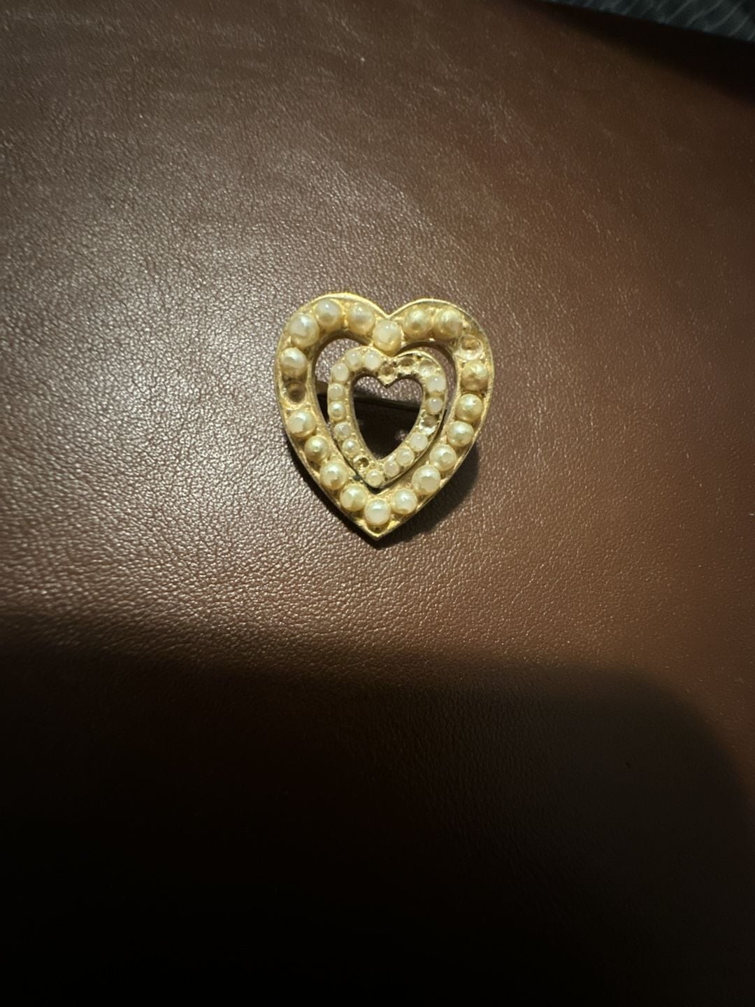 Vintage Gold Tone Faux Pearl Double Heart Brooch