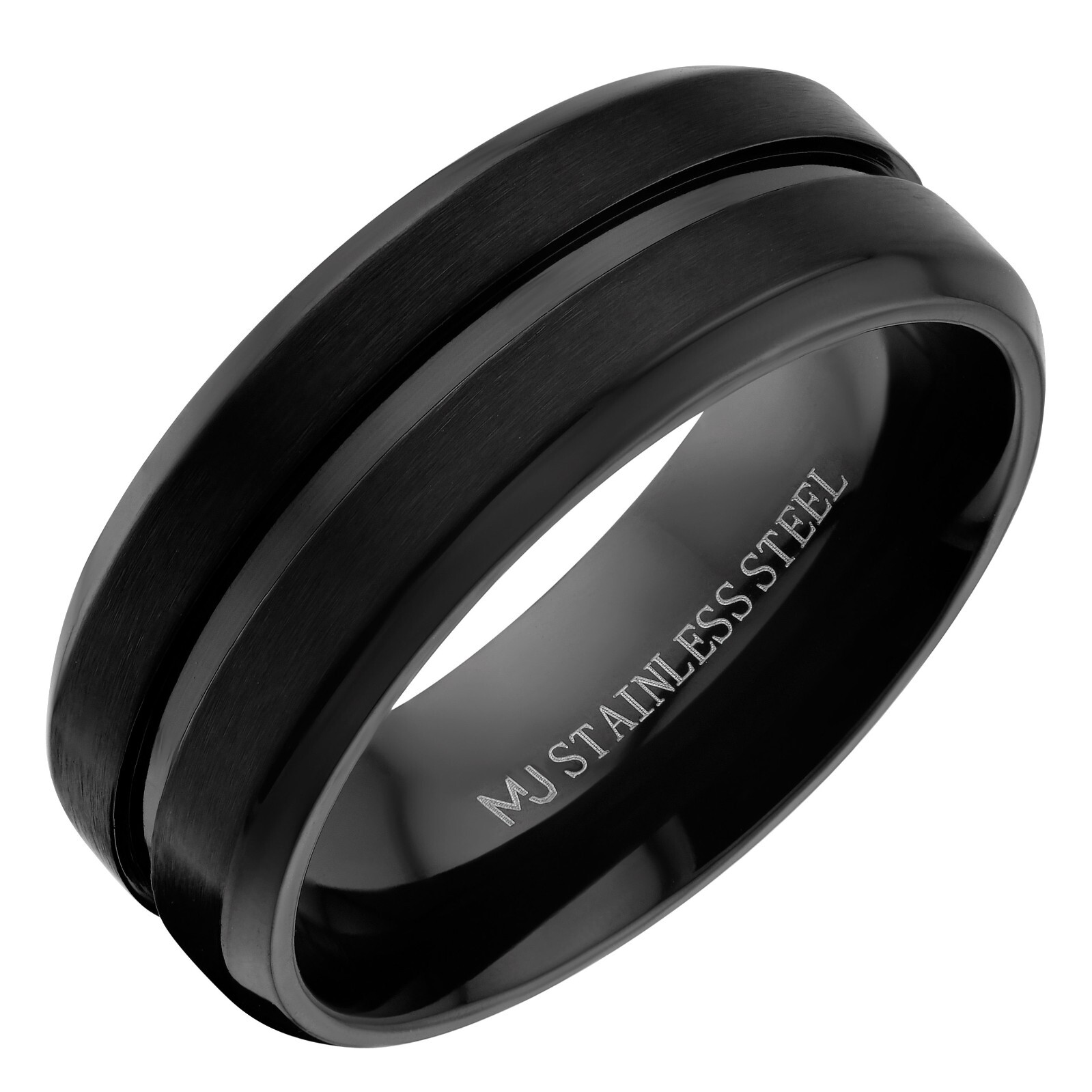 Black Plated Stainless Steel Brushed Beveled Edge or Center Groove 6 or 8mm Ring