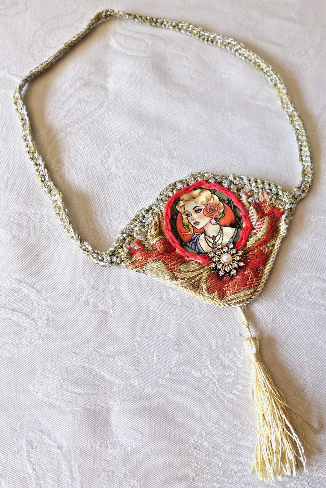 Handmade Crocheted art Necklace Cotton Fabric embroidered crocheted+ Beads