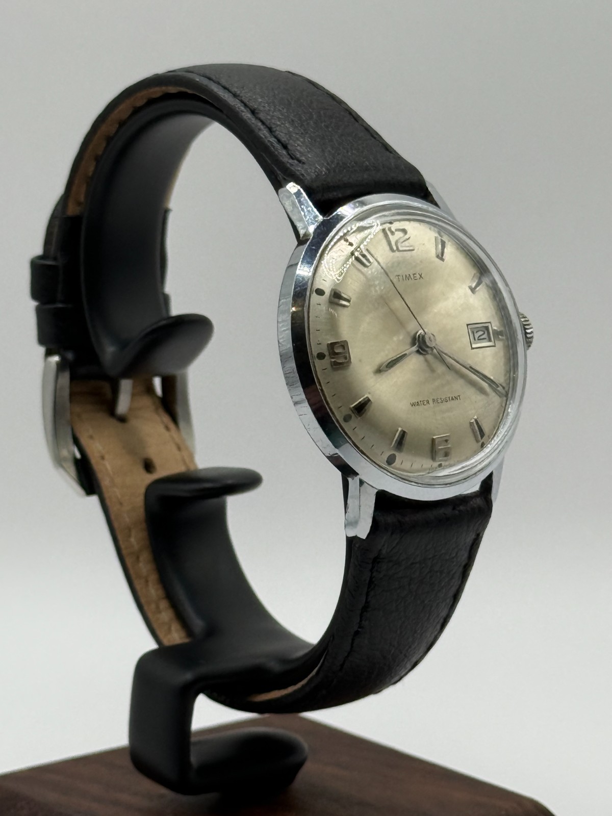 Vintage 1970 Timex Marlin Mechanical Silver Tone Black Leather Serviced