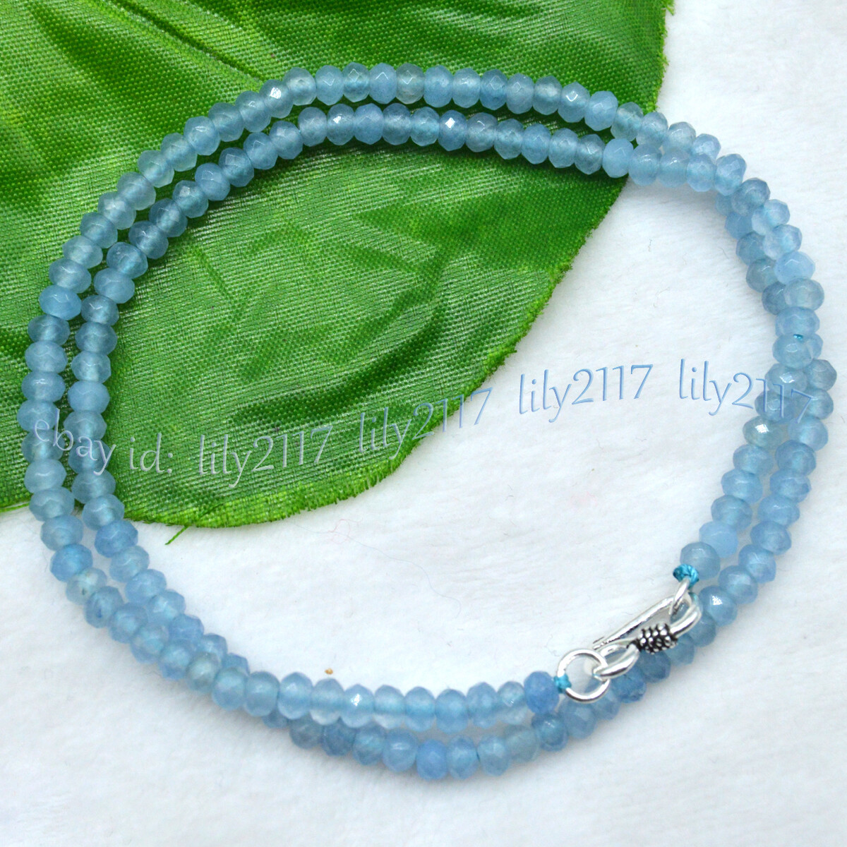 2x4mm Natural Light Blue Jade Faceted Gems Roundel Beads Necklace Silver Clasp