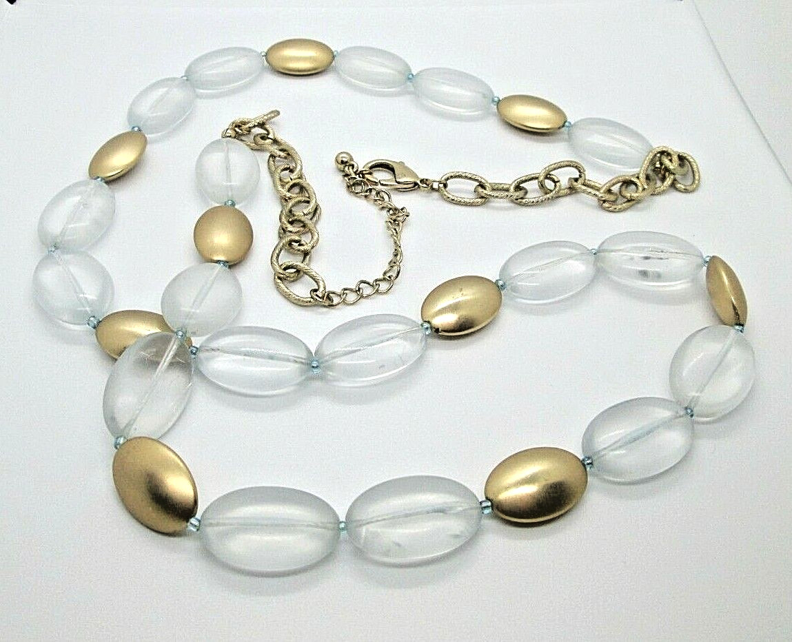 Lucite Clear & Gold Bead Long Chain Necklace 38″ Gold tone Layering