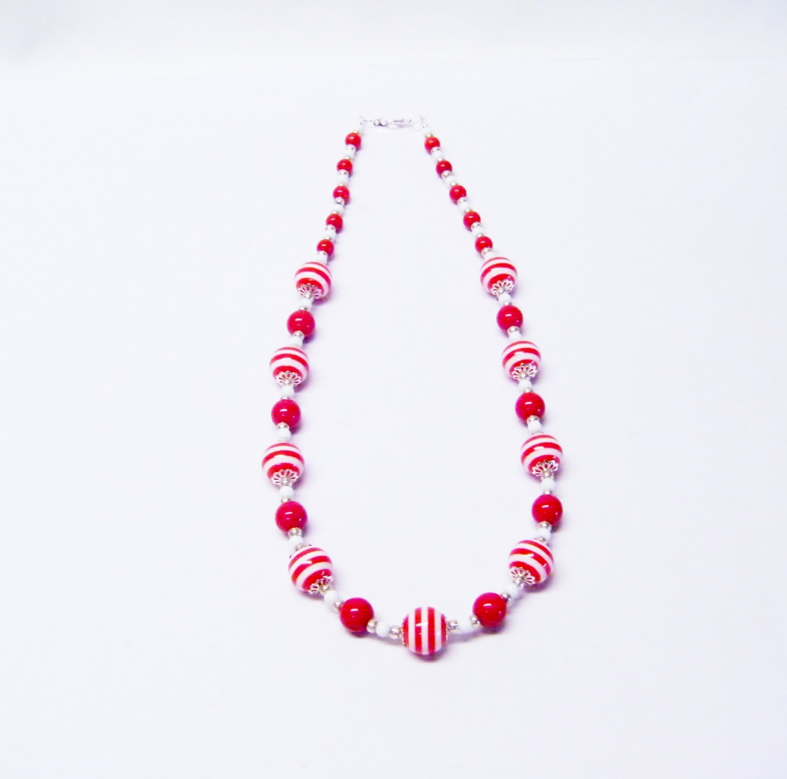 Red/White Stripe Acrylic w/White Glass Bead Necklace/Bracelet/Earrings