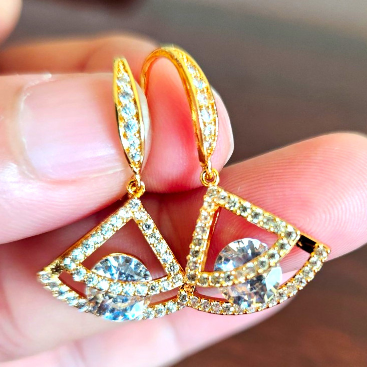 Gold-Tone Triangle Dangle Drop Earrings Clear Crystal Pavé Rhinestone Hook