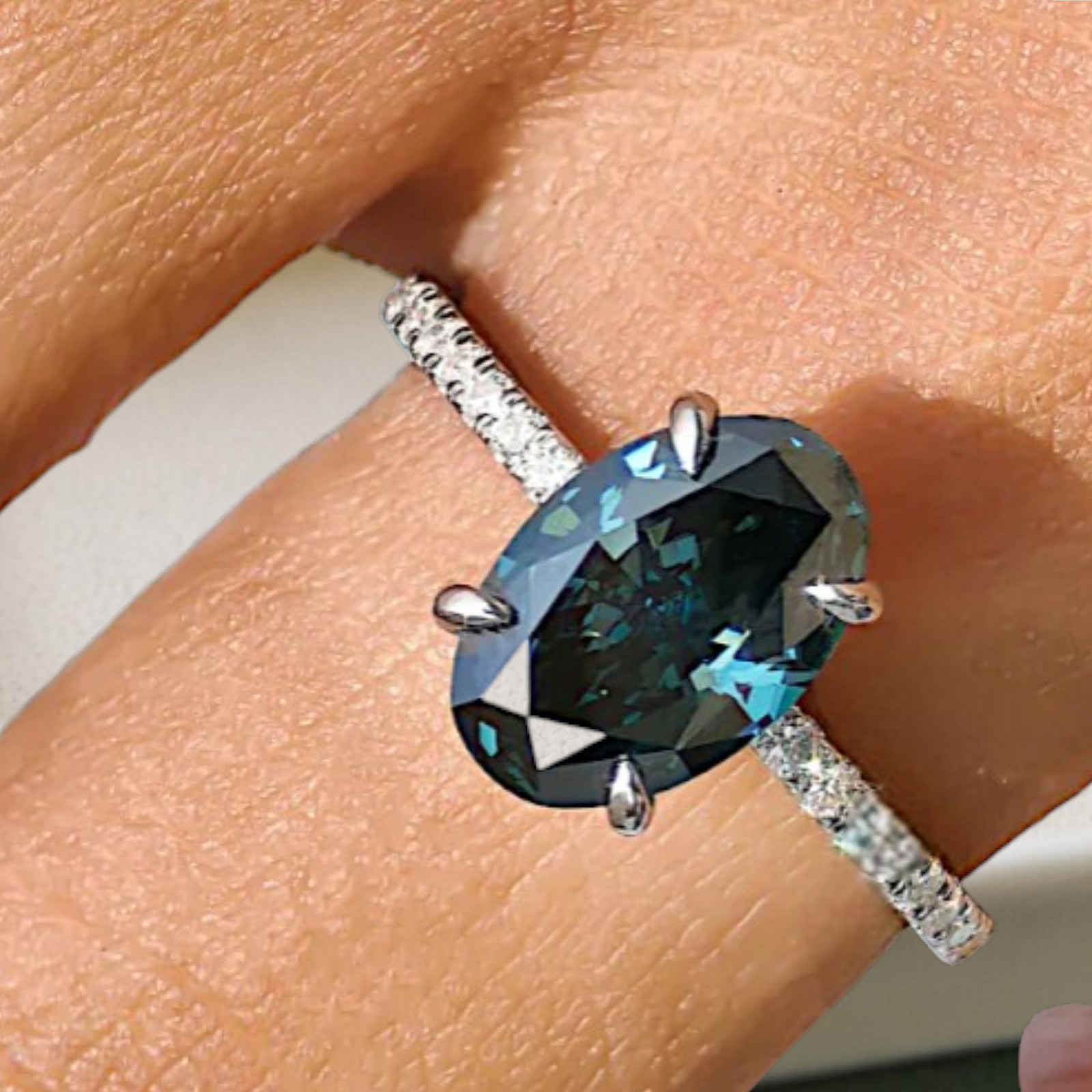 Oval Cut 2.80 Ct Fancy Vivid Blue Diamond Gift Ring IGI Lab Grown 18k White Gold