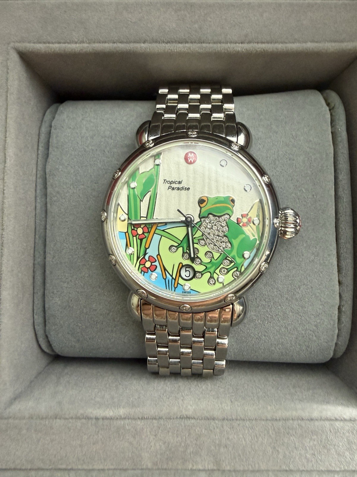 Rare NOS Michele CSX Tropical Paradise Diamond Frog 36mm Quartz Watch 1/750