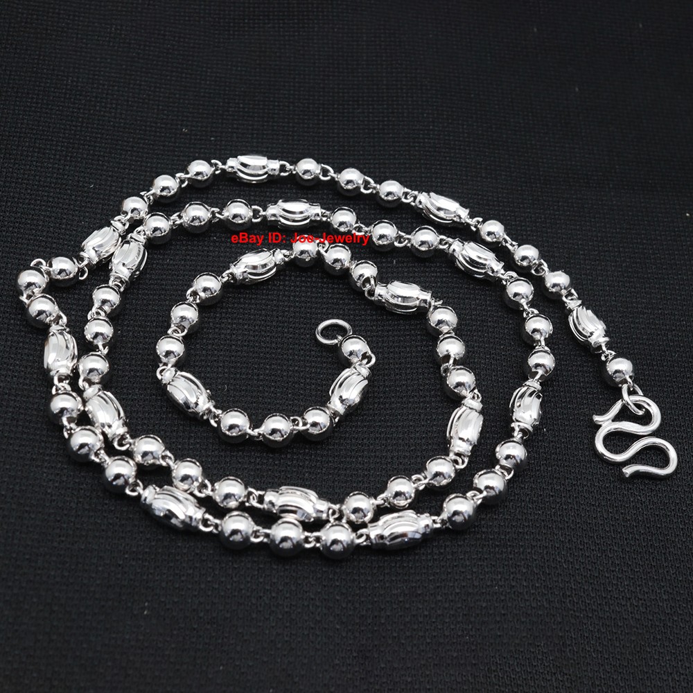 Real 925 Sterling Silver Necklace 4mm Oval Bead Link Chain Necklace 19.7inch L