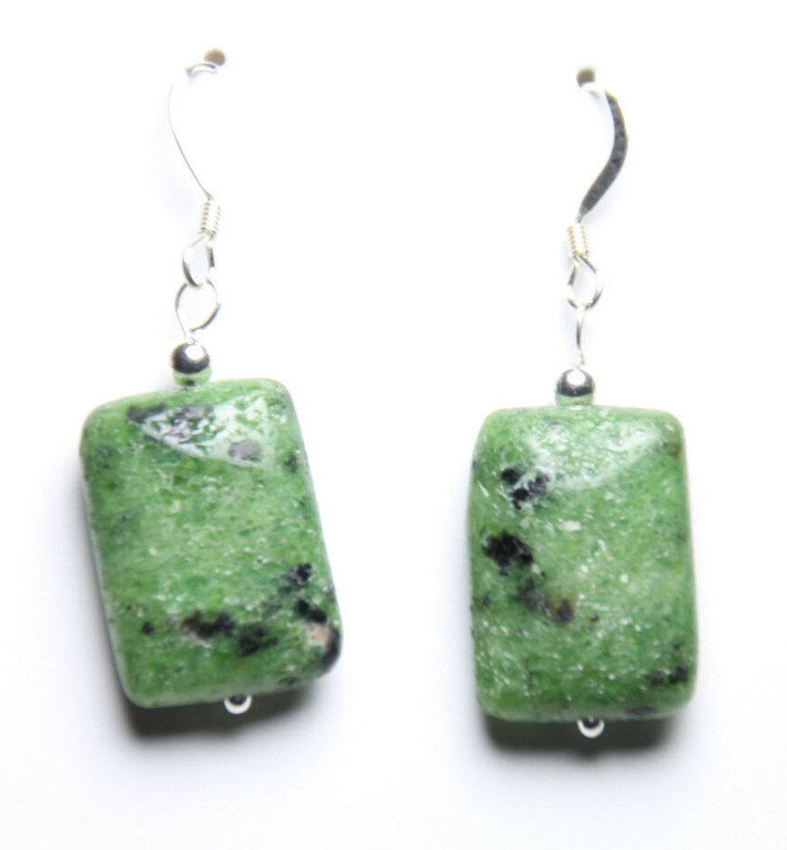 Ruby Zoisite Earrings Green 18mm Rectangle Gemstone .925 Sterling Silver 1.50″