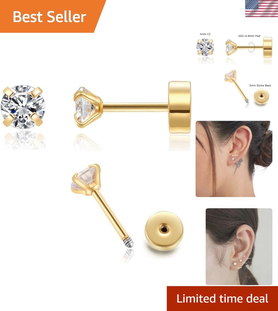 Secure Screw Back CZ Stud Earrings – 4mm Gold Color for Everyday Elegance