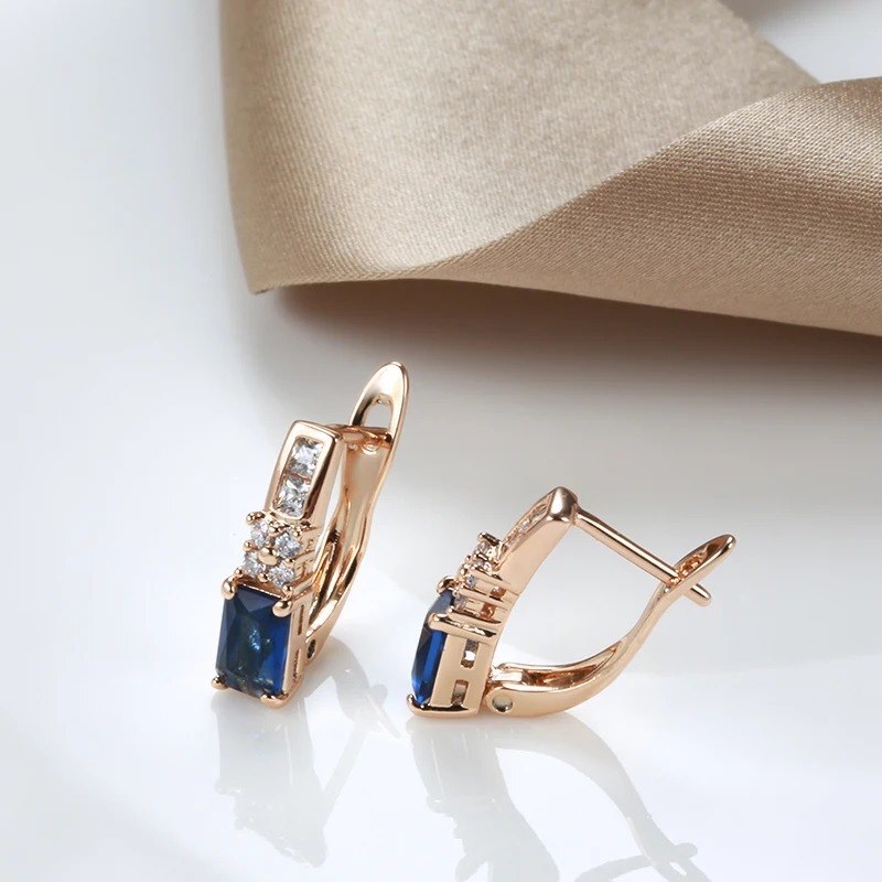 Elegant Earrings Hoop 585 RG Rose Gold Rose Gold with Sapphire Blue Zircon 2.4g