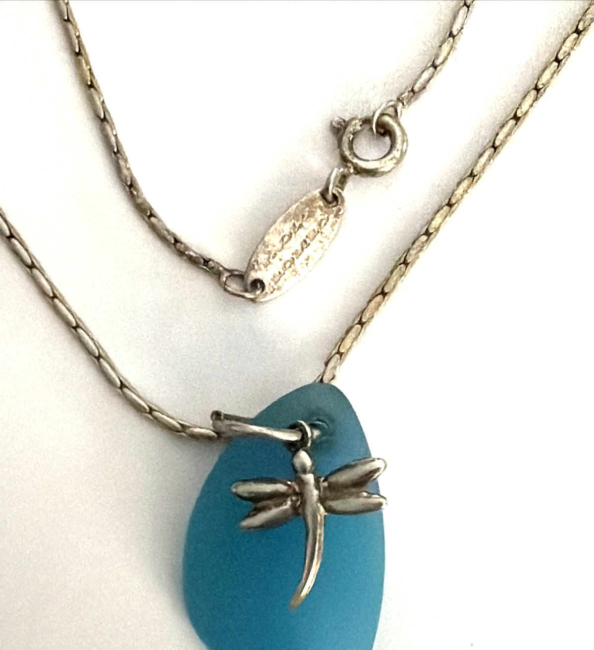 Paolo Romeo Italy 925 Sterling Silver Necklace Blue Sea Glass Dragonfly Pendant