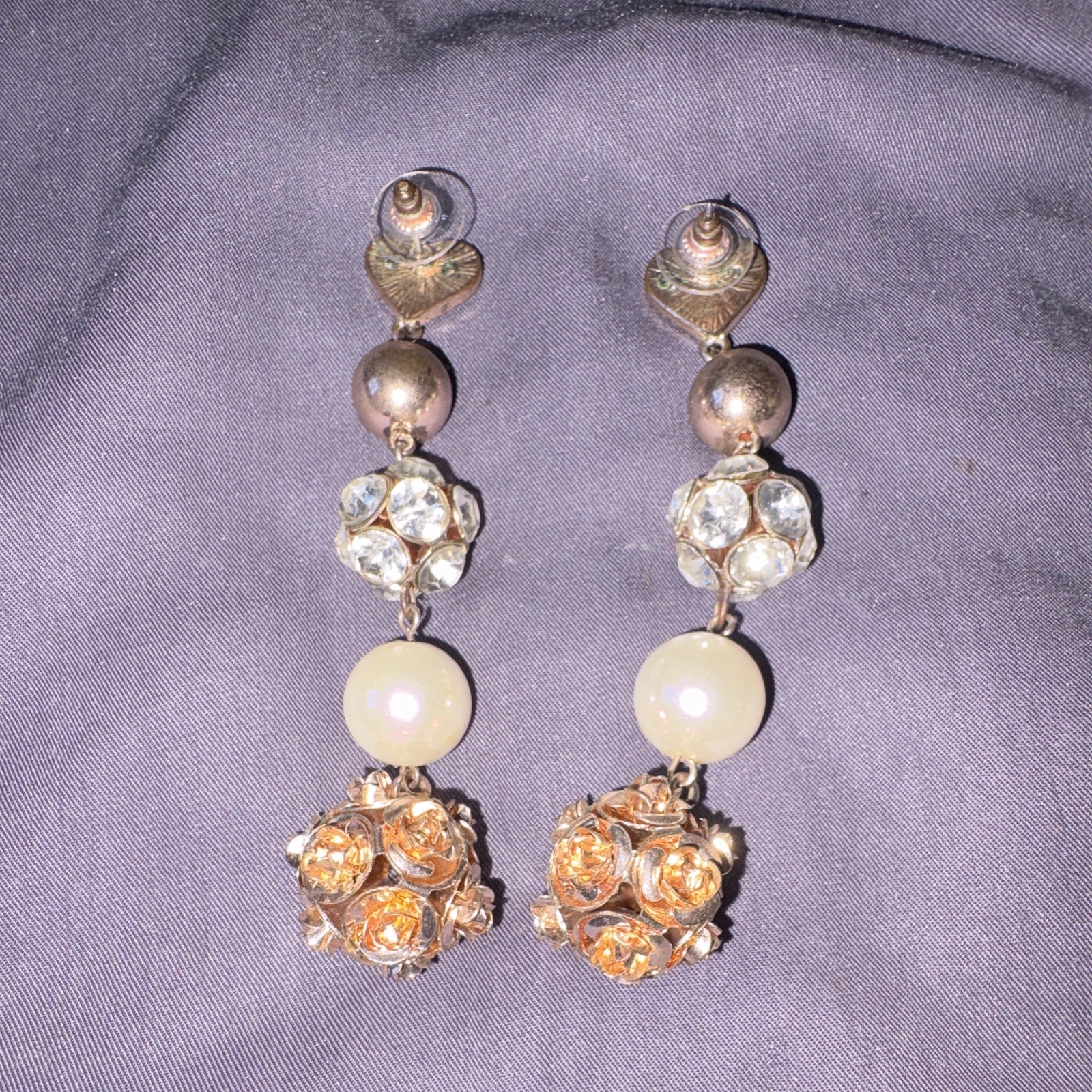Gold Tone Heart Dangle/Drop Earrings Clear Crystal Rhinestone Imitation Pearl