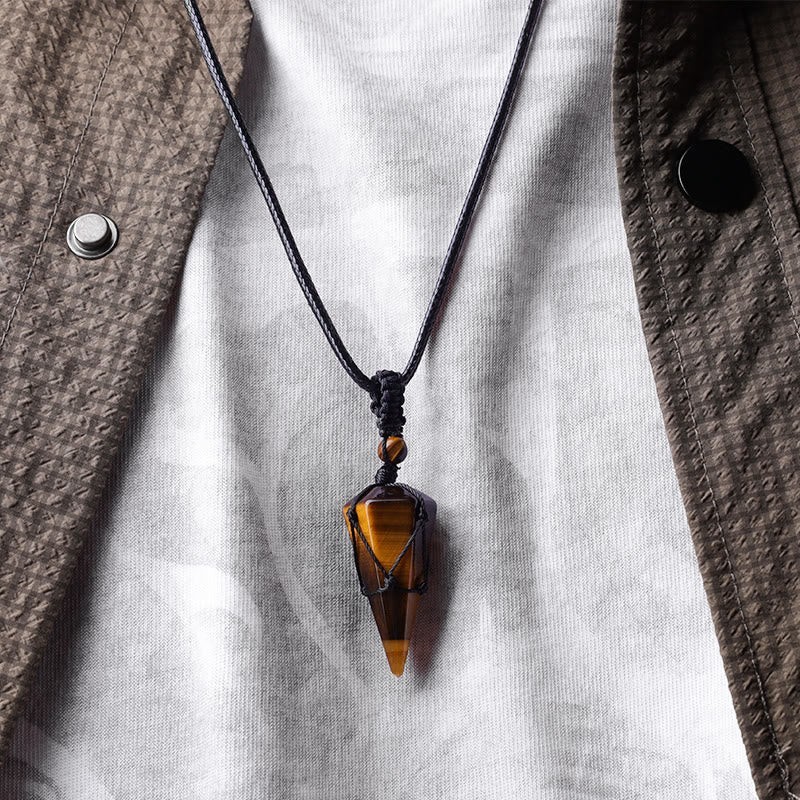 Natural Tiger Eye Stone Crystal Point Pendant Brown Stone Charm Necklace Amulet