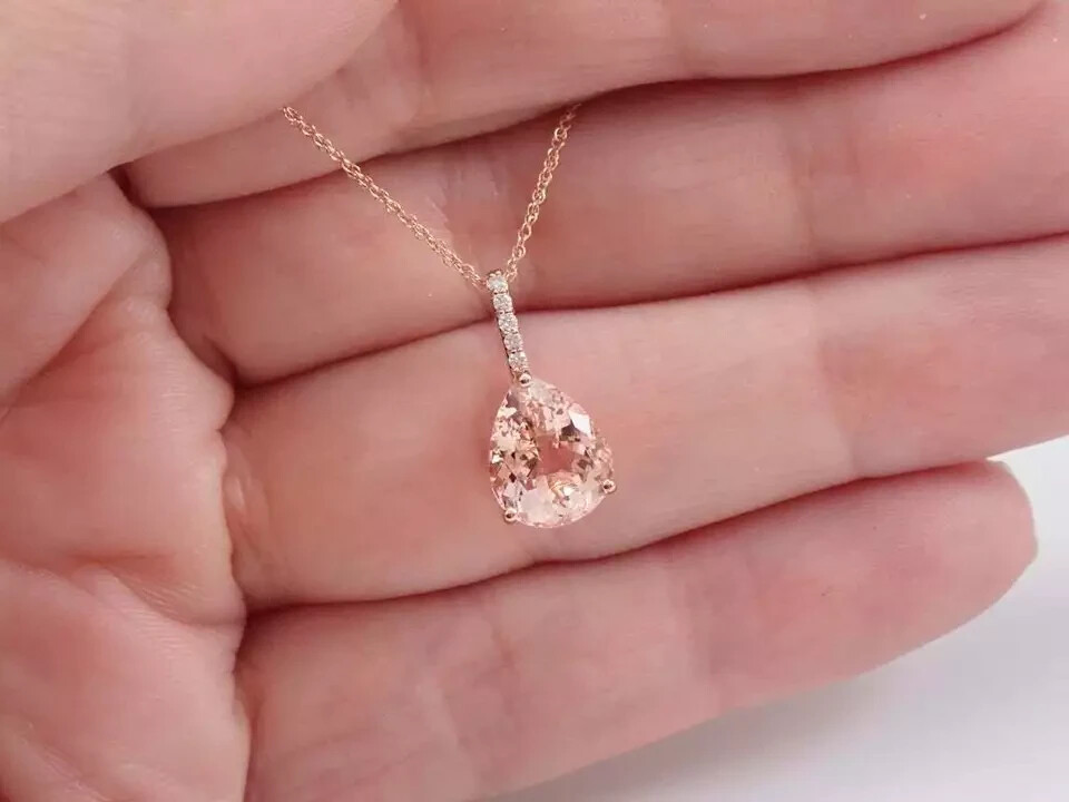 2Ct Pear Cut Morganite Diamond Solitaire Pendant 14K Rose Gold Finish Free Chain