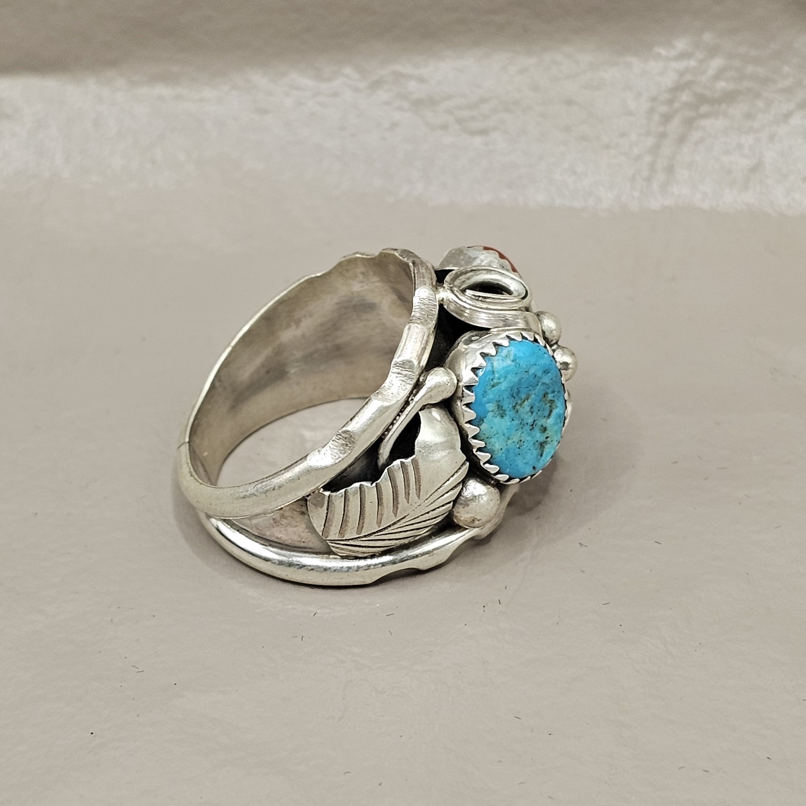 NEW! Navajo Made Sterling Silver Turquoise And Coral Ring Size 9-Signed