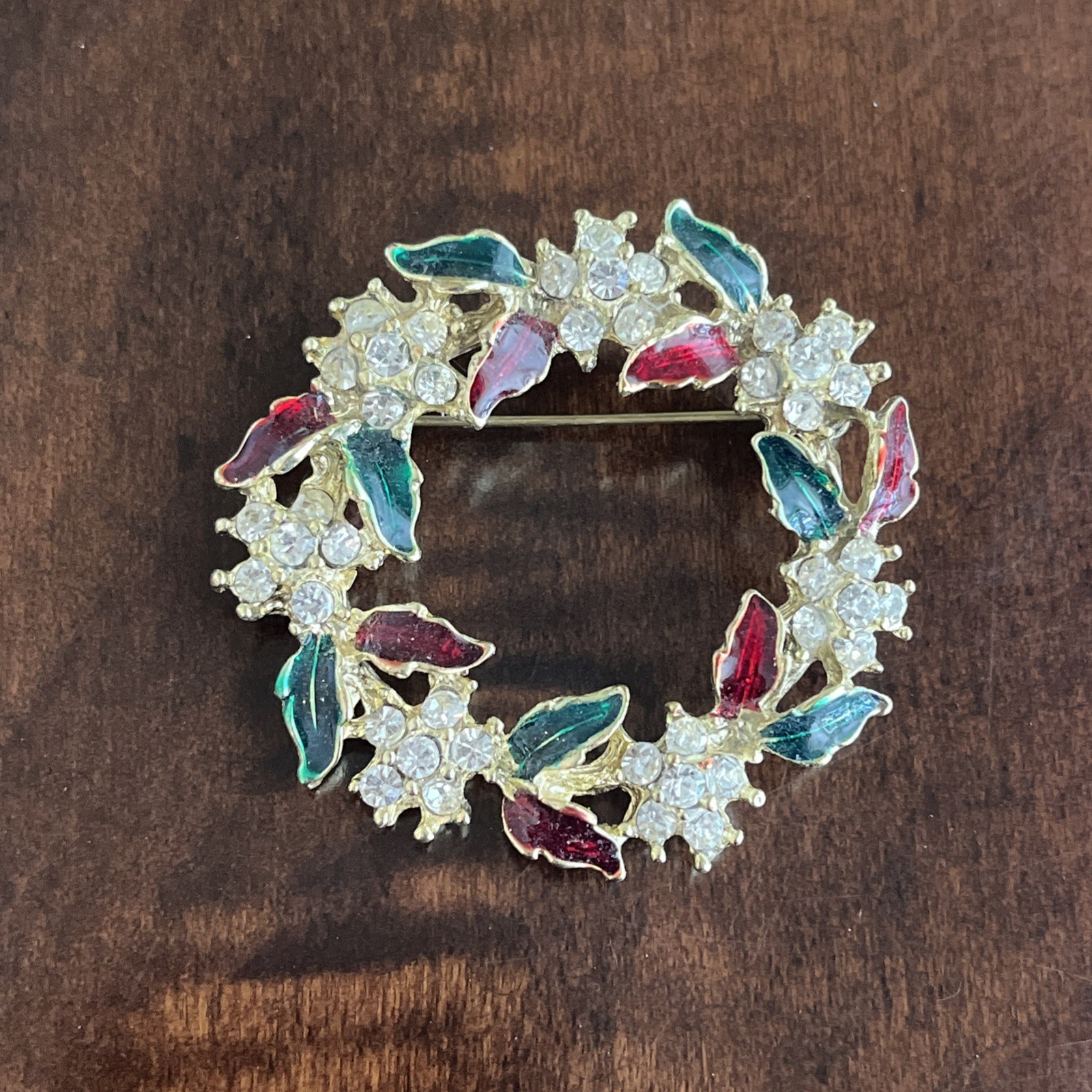 Vintage Christmas Wreath Brooch Green And Red Enamel With White Rhinestone’s
