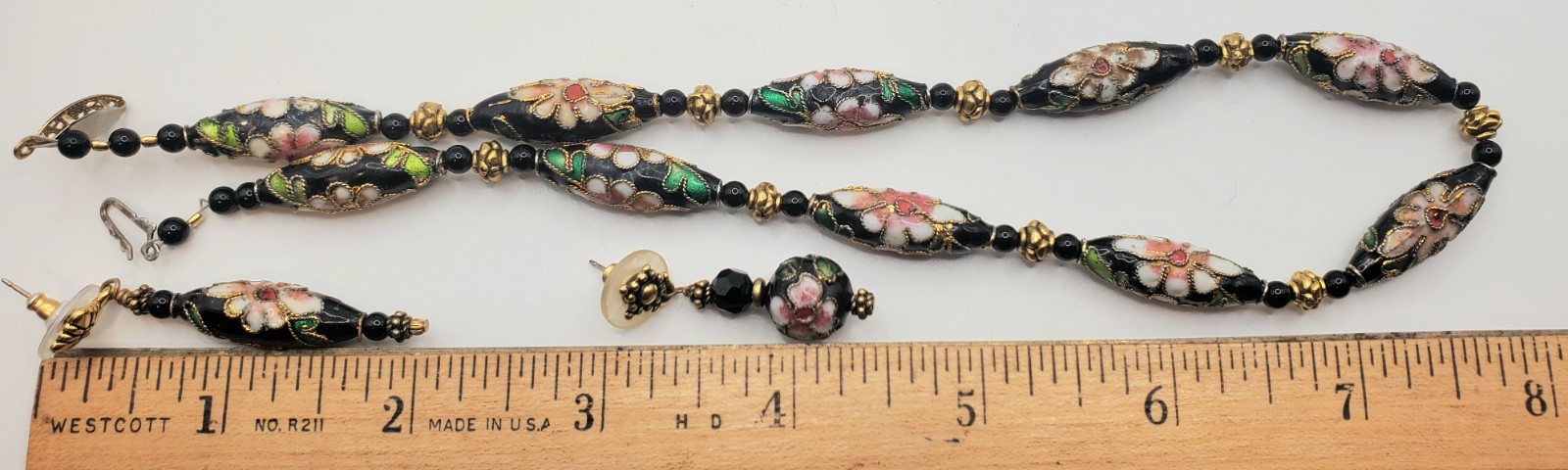 Vintage Black Cloisonne Hand Painted Floral 16″ Necklace & 2 Pr. Earrings