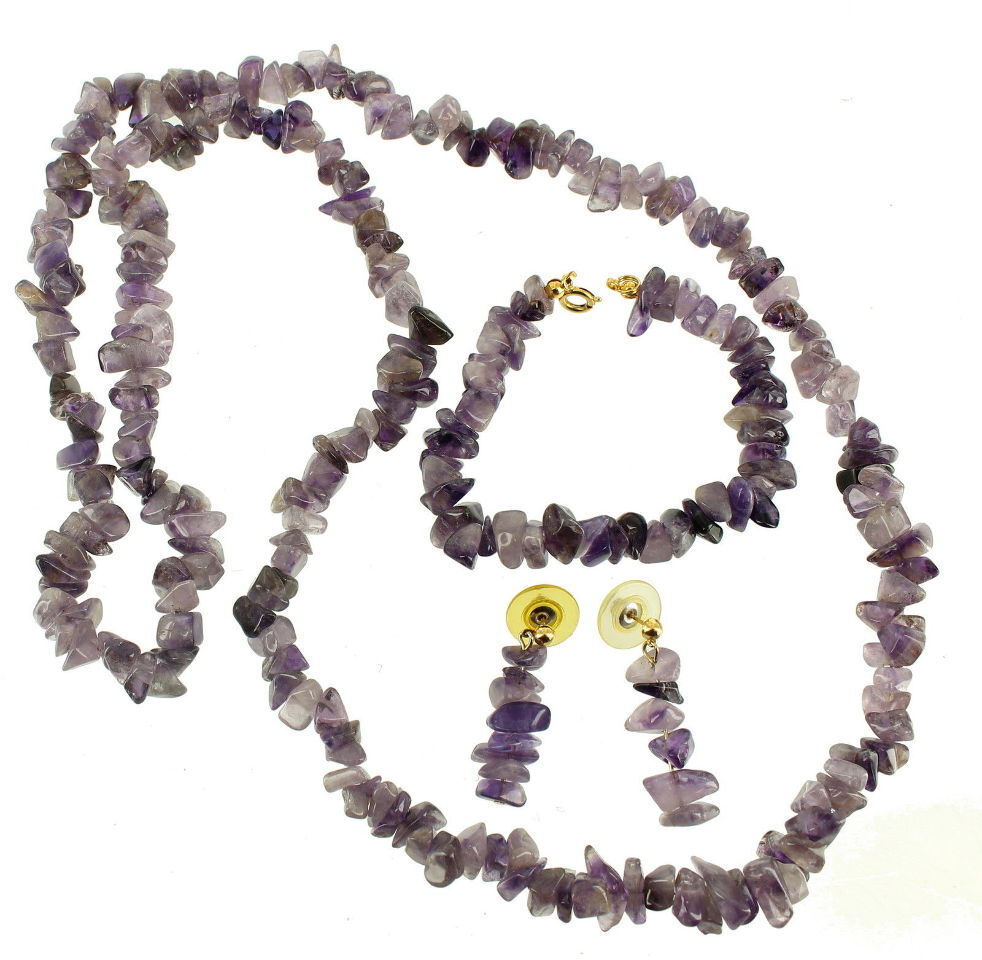 Vintage 1970’s Amethyst Chip Necklace, Bracelet & Earrings Set Purple Lavender