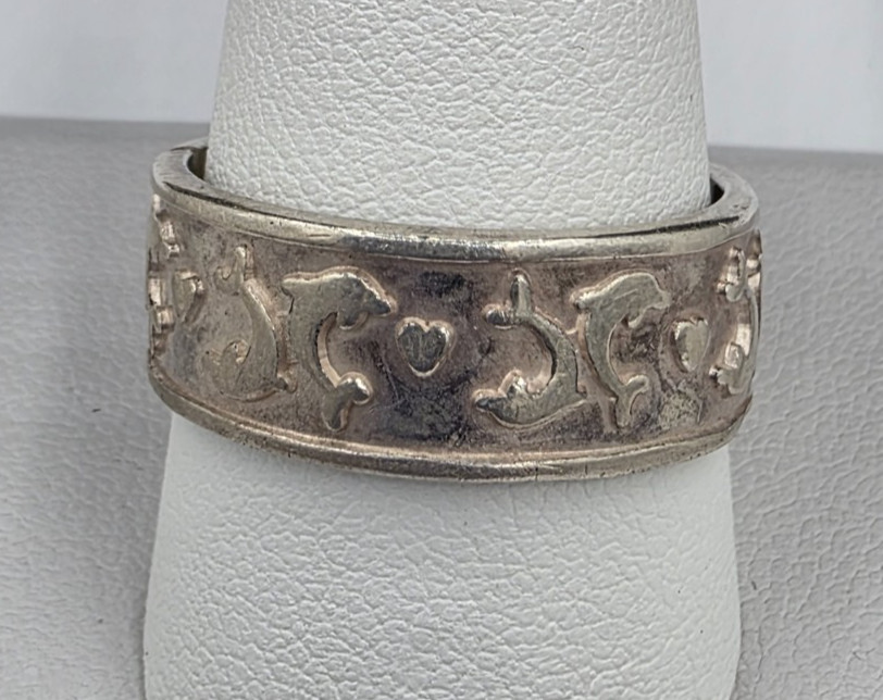 Dolphin Motif Sterling Silver Band RingSize 10.75 Marked Mex