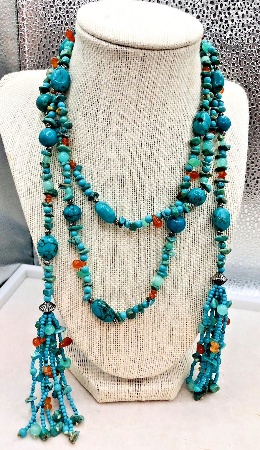 Vtg 58 Inch Beaded Tassel Lariat Necklace Sterling, Turquoise , Chrysoprase etc.