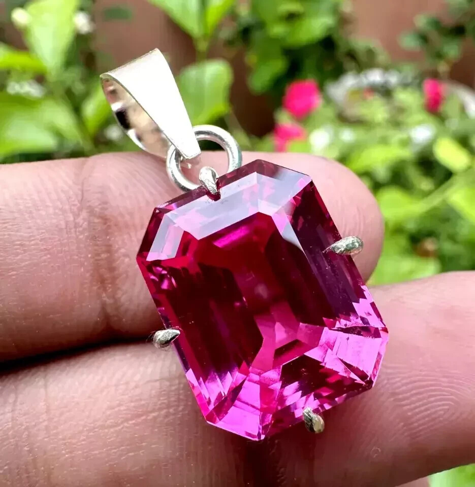 Natural Pink Sapphire 21 Ct Emerald Cut 925 Solid Silver Pendant Gemstone