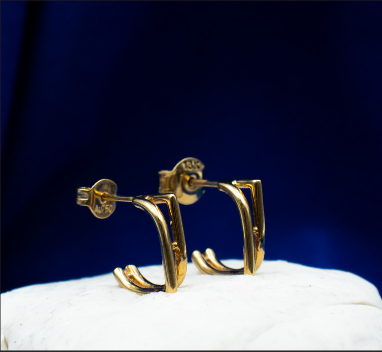 18K Solid Yellow Gold Modern Double Half Hoop Stud Earrings – 2.30g