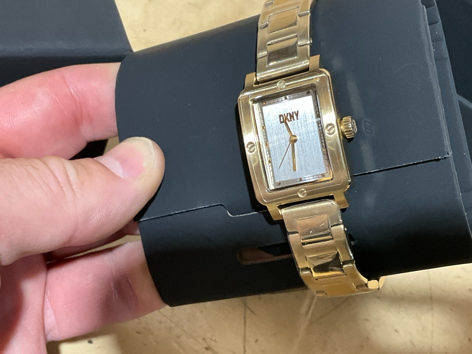 DKNY Women’s City Rivet Rectangular Three-Hand Gold-Tone Stainless – NY6689 -NEW