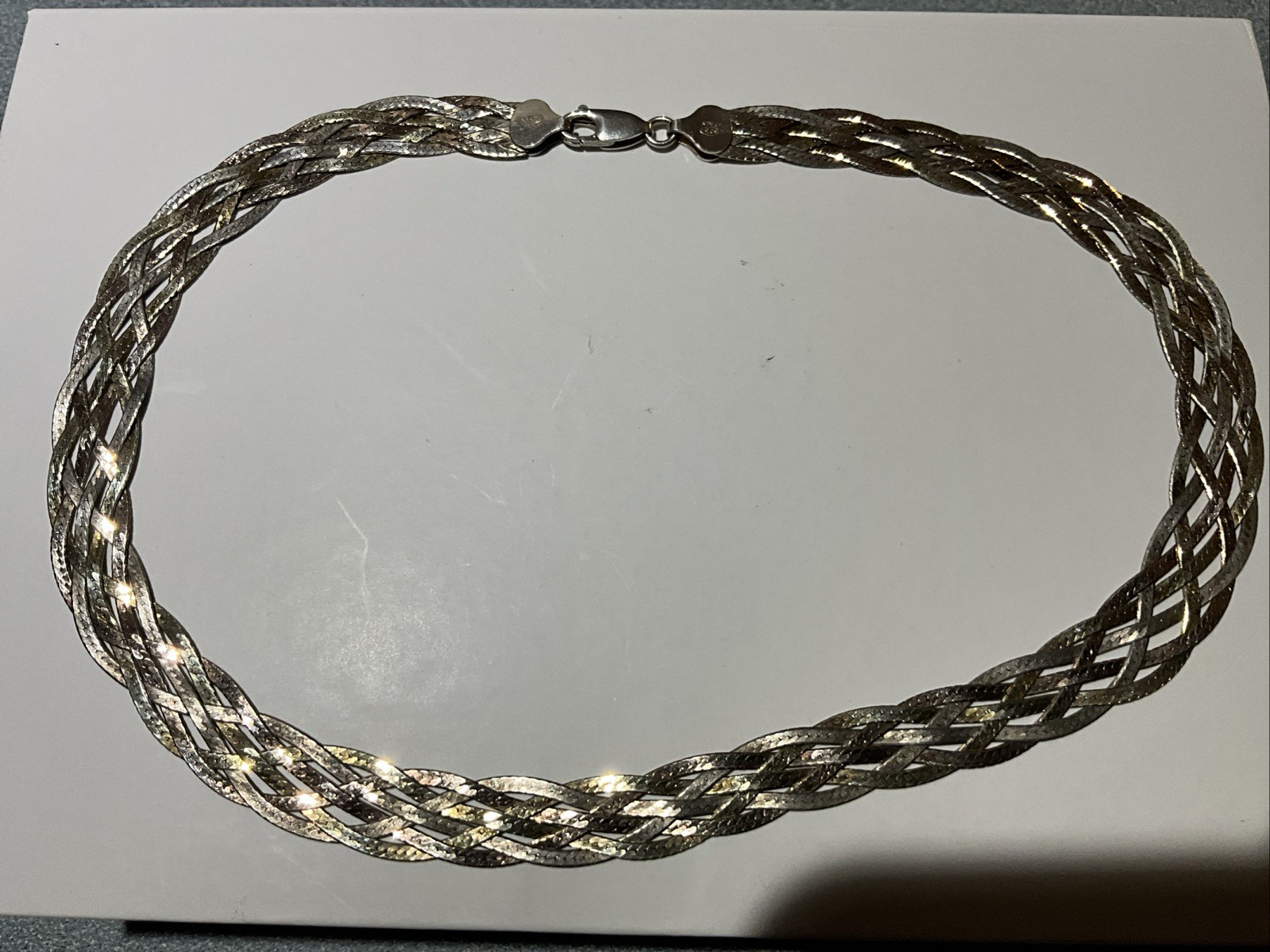 two tones 10mm Wide Braided Herringbone Italy Sterling Silver Necklace 15” /16gr