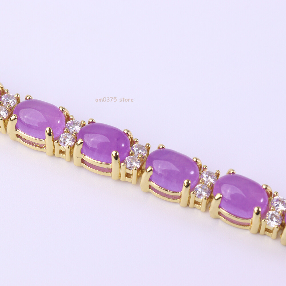 Yellow Gold Plated Alloy Purple Jadeite Zirconic Jade Women’s Bracelet 7.1inchL